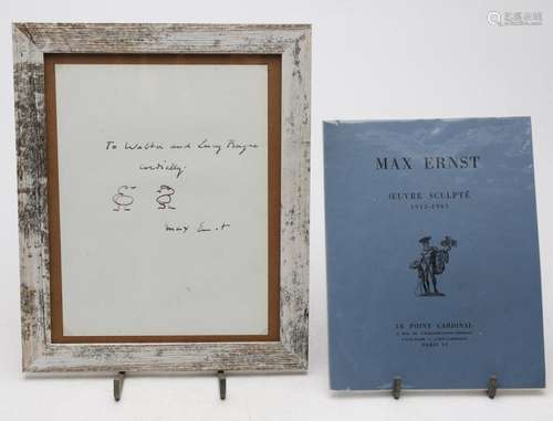 MAX ERNST. Drawing, dedication and signature of Max Ernst.