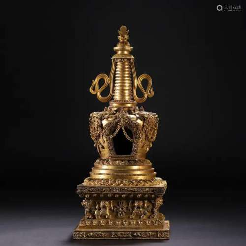 A Tibetan Bronze-gilt Stupa