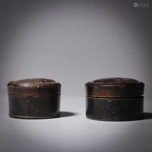 Pair Carved Buffalo Horn Circular Boxes