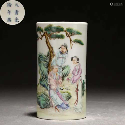A Famille Rose Figural Story Brushpot