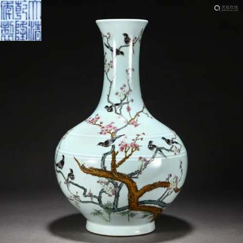 A Chinese Famille Rose Blooms and Magpies Vase