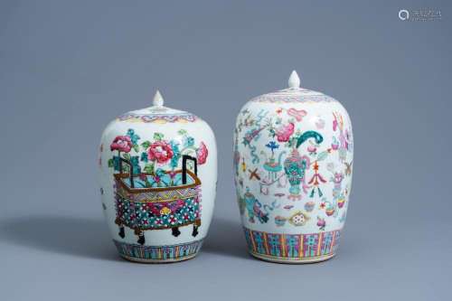 TWO CHINESE FAMILLE ROSE 'ANTIQUITIES' JARS AND COVE...