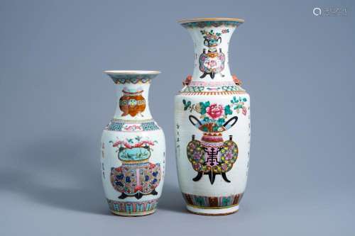 TWO CHINESE FAMILLE ROSE 'ANTIQUITIES' VASES, 19TH C...