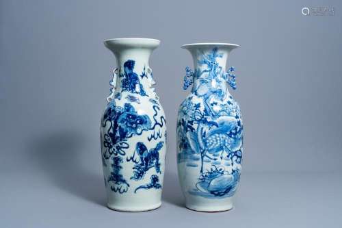 TWO CHINESE BLUE AND WHITE CELADON GROUND VASES WITH BUDDHIS...