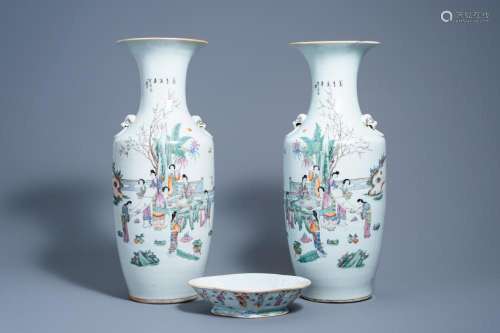A PAIR OF CHINESE FAMILLE ROSE VASES WITH LADIES AT LEISURE ...
