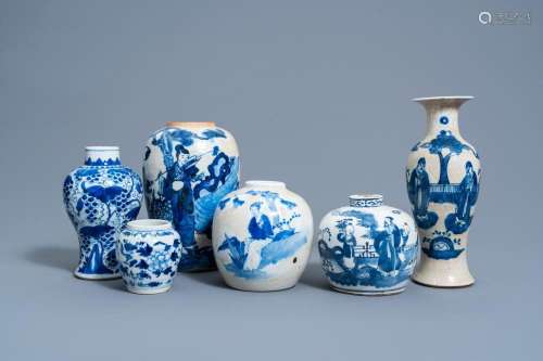 SIX VARIOUS CHINESE BLUE AND WHITE VASES AND JARS WITH FIGUR...