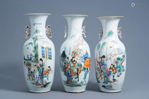THREE VARIOUS CHINESE QIANJIANG CAI VASES WITH FIGURATIVE DE...