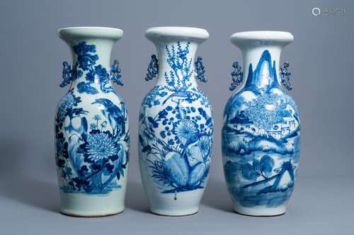 THREE CHINESE BLUE AND WHITE CELADON GROUND VASES WITH BIRDS...