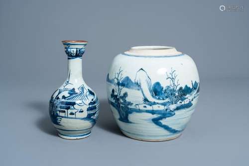 A CHINESE BLUE AND WHITE GINGER JAR AND A VASE WITH A RIVER ...