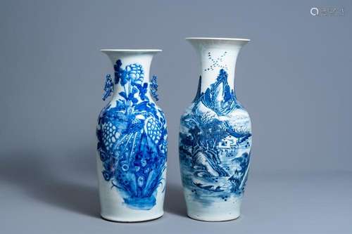 TWO CHINESE BLUE AND WHITE VASES WITH A PHOENIX AMONG BLOSSO...