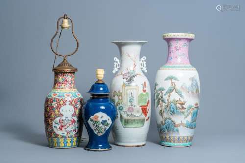THREE VARIOUS CHINESE FAMILLE ROSE AND QIANJIANG CAI VASES A...