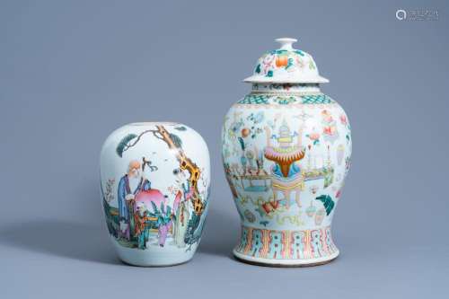 A CHINESE FAMILLE ROSE 'ANTIQUITIES' VASE AND COVER ...