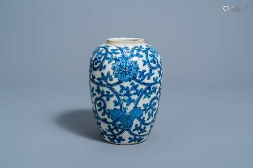 A CHINESE BLUE AND WHITE 'LOTUS SCROLLS' JAR, 19TH C...