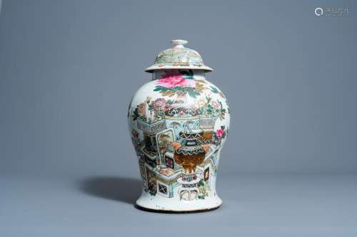 A CHINESE QIANJIANG CAI VASE AND COVER WITH ANTIQUITIES DESI...