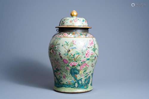 A CHINESE CANTON FAMILLE ROSE CELADON GROUND VASE AND COVER ...