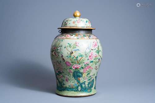 A CHINESE CANTON FAMILLE ROSE CELADON GROUND VASE AND COVER ...