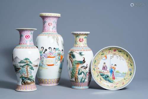 THREE VARIOUS CHINESE FAMILLE ROSE VASES AND A CHARGER WITH ...