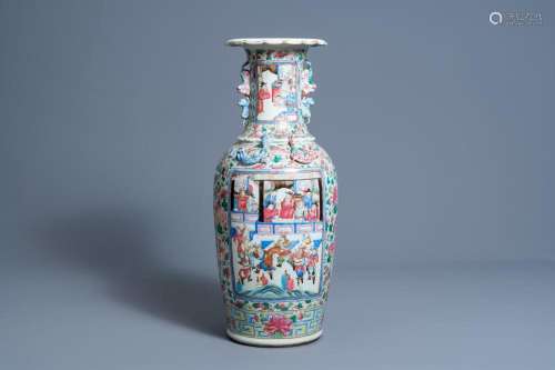 A CHINESE FAMILLE ROSE VASE WITH PALACE AND WARRIOR SCENES, ...