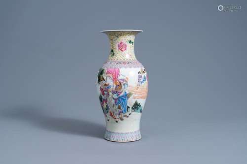A CHINESE FAMILLE ROSE VASE WITH FIGURES IN A LANDSCAPE, QIA...