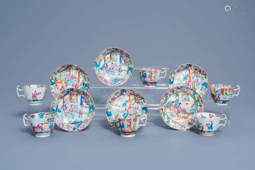 SIX CHINESE CANTON FAMILLE ROSE CUPS AND SAUCERS WITH FIGURA...
