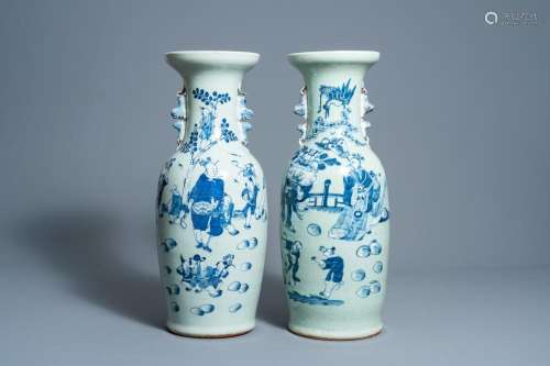 TWO CHINESE BLUE AND WHITE CELADON GROUND VASES WITH FIGURES...