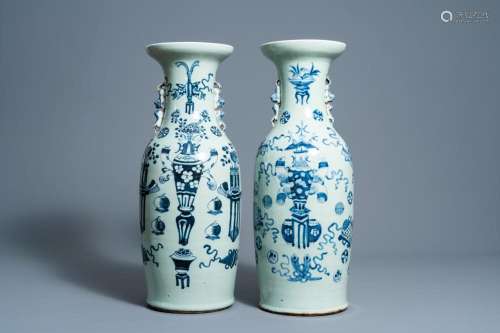 TWO CHINESE BLUE AND WHITE CELADON GROUND VASES WITH ANTIQUI...