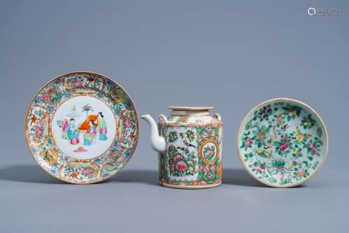 A CHINESE CANTON FAMILLE ROSE TEAPOT AND COVER AND PLATE AND...