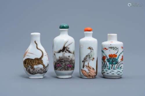 FOUR VARIOUS CHINESE POLYCHROME ENAMELLED SNUFF BOTTLES, 19T...