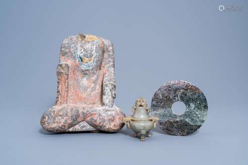 A CHINESE JADE BI DISC, A JADEÏTE CENSER AND A WEI-STYLE SCU...