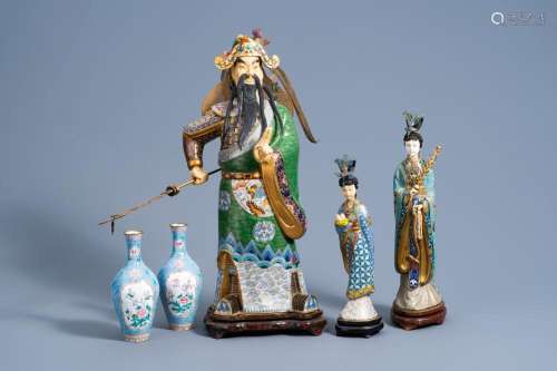 THREE CHINESE CLOISONNÉ FIGURES AND A PAIR OF ENAMEL VASES W...