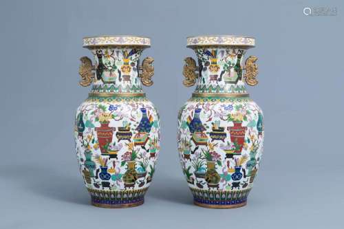A PAIR OF CHINESE CLOISONNÉ 'ANTIQUITIES' VASES, CA....