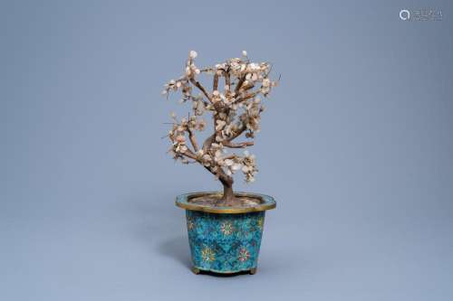 A CHINESE GEMSTONE TREE IN A LOBED CLOISONNÉ JARDINIÈRE WITH...