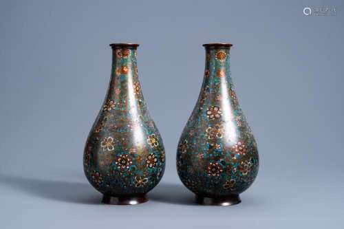 A PAIR OF CHINESE BOTTLE SHAPED CLOISONNÉ VASES WITH FLORAL ...