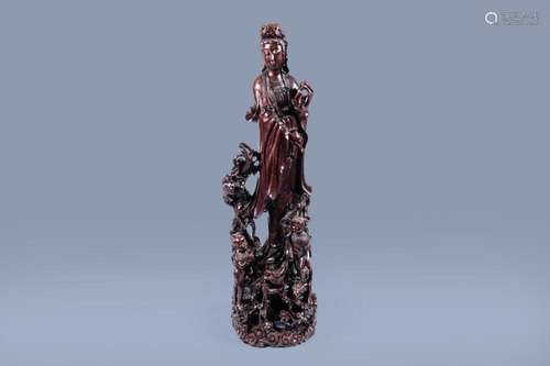 A MASSIVE CHINESE CARVED WOOD GROUP WITH A GUANYIN, CHILDREN...