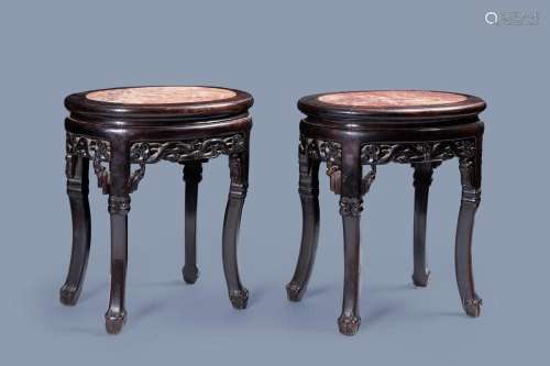 A PAIR OF OVAL CHINESE CARVED WOOD STANDS WITH MARBLE TOP, 1...