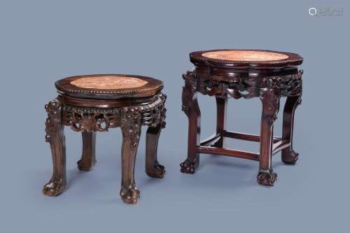 TWO CHINESE CARVED WOODEN STANDS WITH MARBLE TOP, 19TH/20TH ...