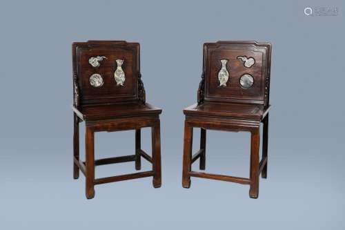 A PAIR OF CHINESE WOOD CHAIRS WITH DREAMSTONE PLAQUES, 19TH/...