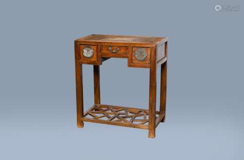 A CHINESE WOOD SIDE TABLE WITH THREE DRAWERS, 19TH/20TH C.