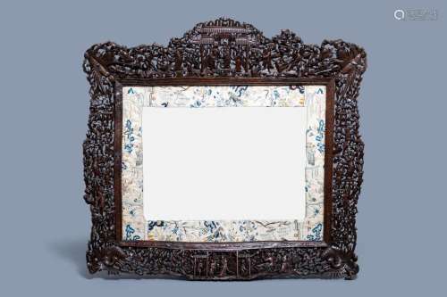 A LARGE FINELY CARVED CHINESE WOODEN MIRROR FRAME WITH SILK ...