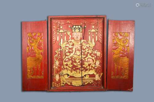 A SOUTH-CHINESE PARTLY GILT AND LACQUERED HOUSE SHRINE, POSS...