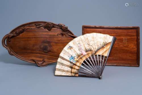 TWO CHINESE WOOD TRAYS WITH DRAGON AND BATS RELIEF DESIGN AN...