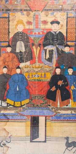 CHINESE SCHOOL: A LARGE ANCESTOR PORTRAIT, INK AND COLOURS O...