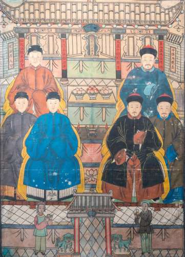 CHINESE SCHOOL: AN ANCESTOR PORTRAIT, INK AND COLOURS ON CAN...