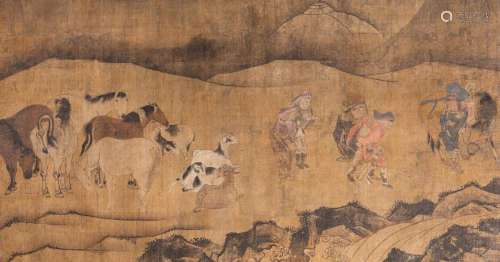 CHINESE SCHOOL: A MOUNTAIN LANDSCAPE WITH HORSES, GOATS AND ...