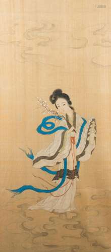 CHINESE SCHOOL: A NYMPH HOLDING FLOWERS IN HER HAND, INK AND...