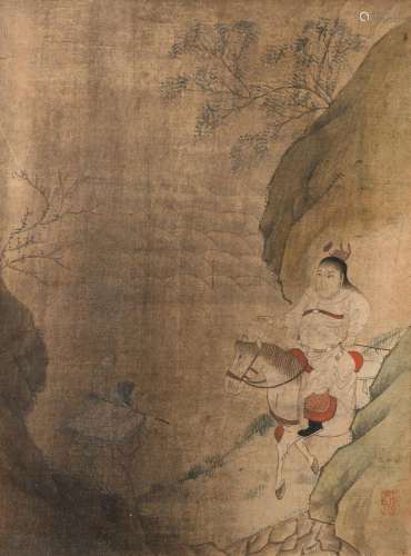 CHINESE SCHOOL: RIDER ON HORSEBACK, INK AND COLOURS ON SILK,...