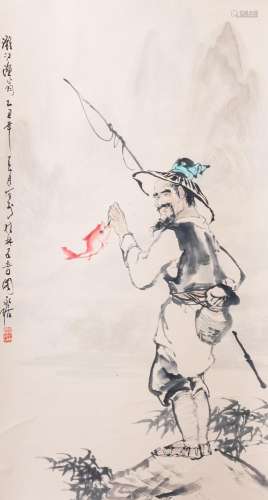 CHINESE SCHOOL: FISHERMAN, INK AND COLOURS ON PAPER, 20TH C.