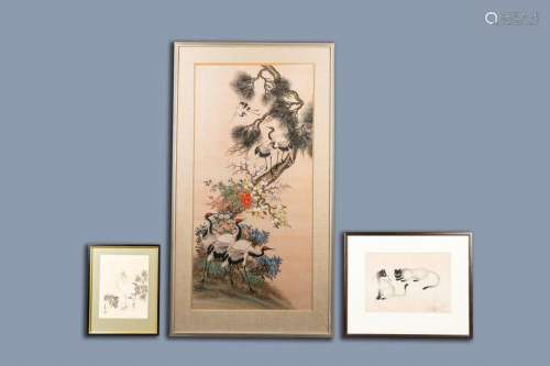 CHINESE SCHOOL: THREE WORKS WITH CRANES AND CATS, INK AND CO...
