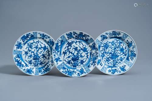 THREE CHINESE BLUE AND WHITE PLATES WITH FLORAL DESIGN, KANG...