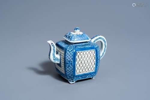 A SQUARE CHINESE BLUE AND WHITE RETICULATED TEAPOT AND COVER...
